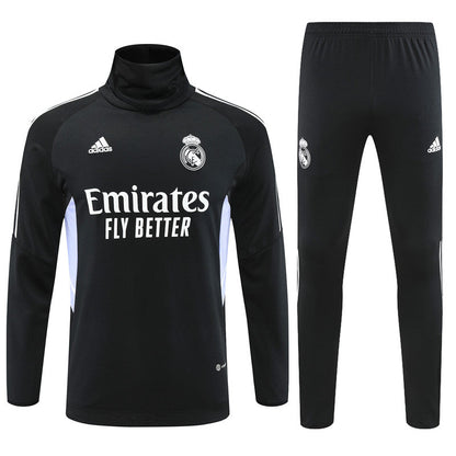 Real Madrid Black High Collar Style Tracksuit